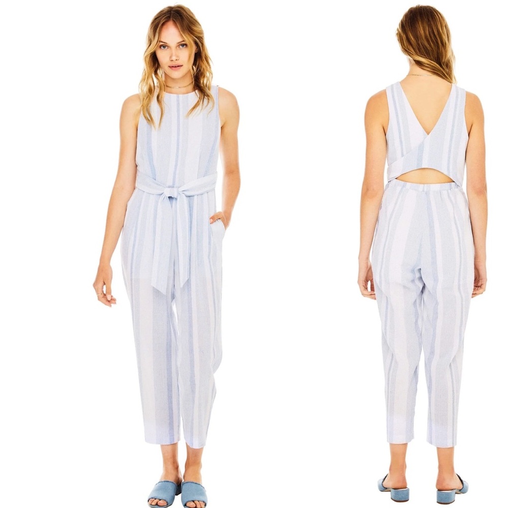 ASTR Presley Pinstripe Open Back Jumpsuit